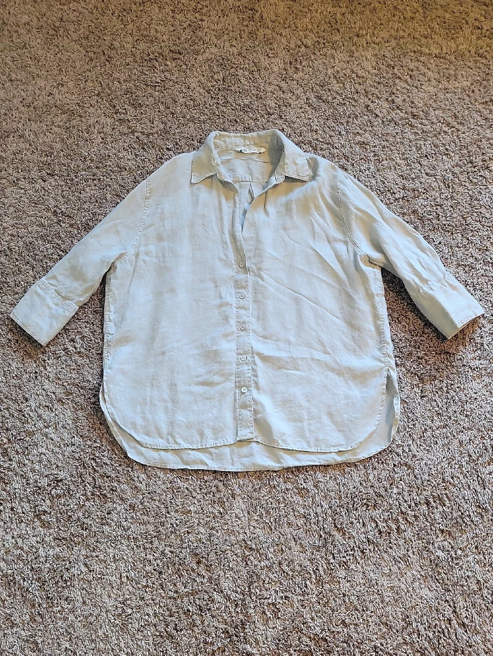 Zara Tan Linen Button-Down Shirt - Picture 1 of 5